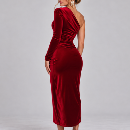Velvet One Shoulder Midi Dress with Ruched Bodycon Fit 2