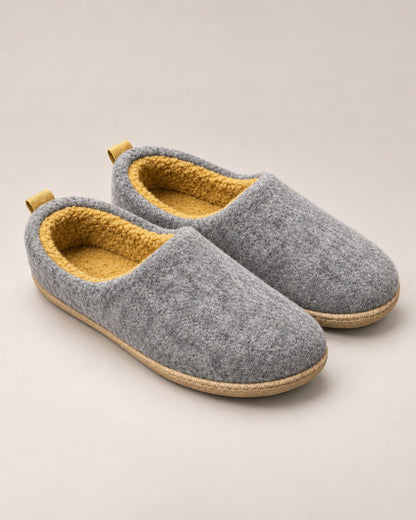 Gray orthopedic fleece lined slippers with yellow lining