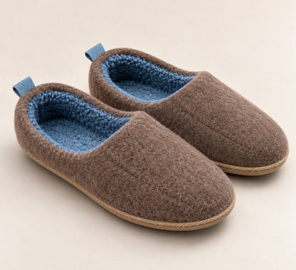 Brown orthopedic fleece lined slippers with blue lining