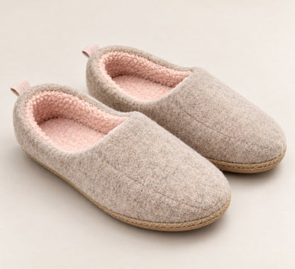 Beige orthopedic fleece lined slippers with pink lining