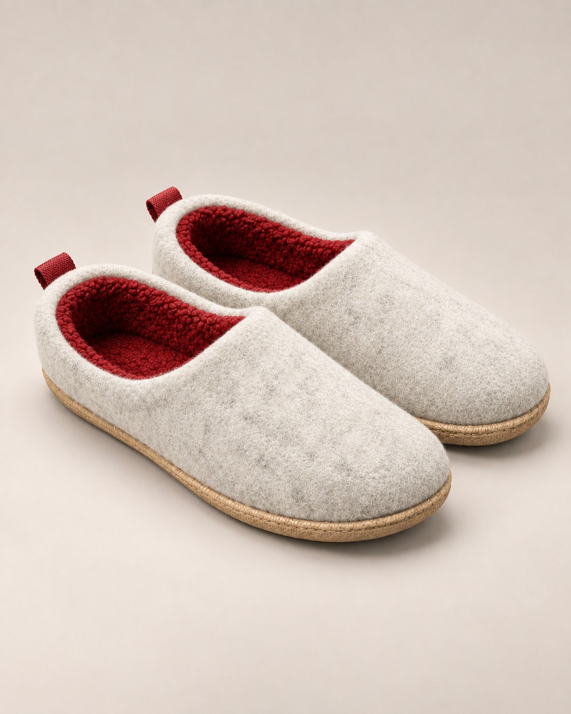 White orthopedic fleece lined slippers with red lining