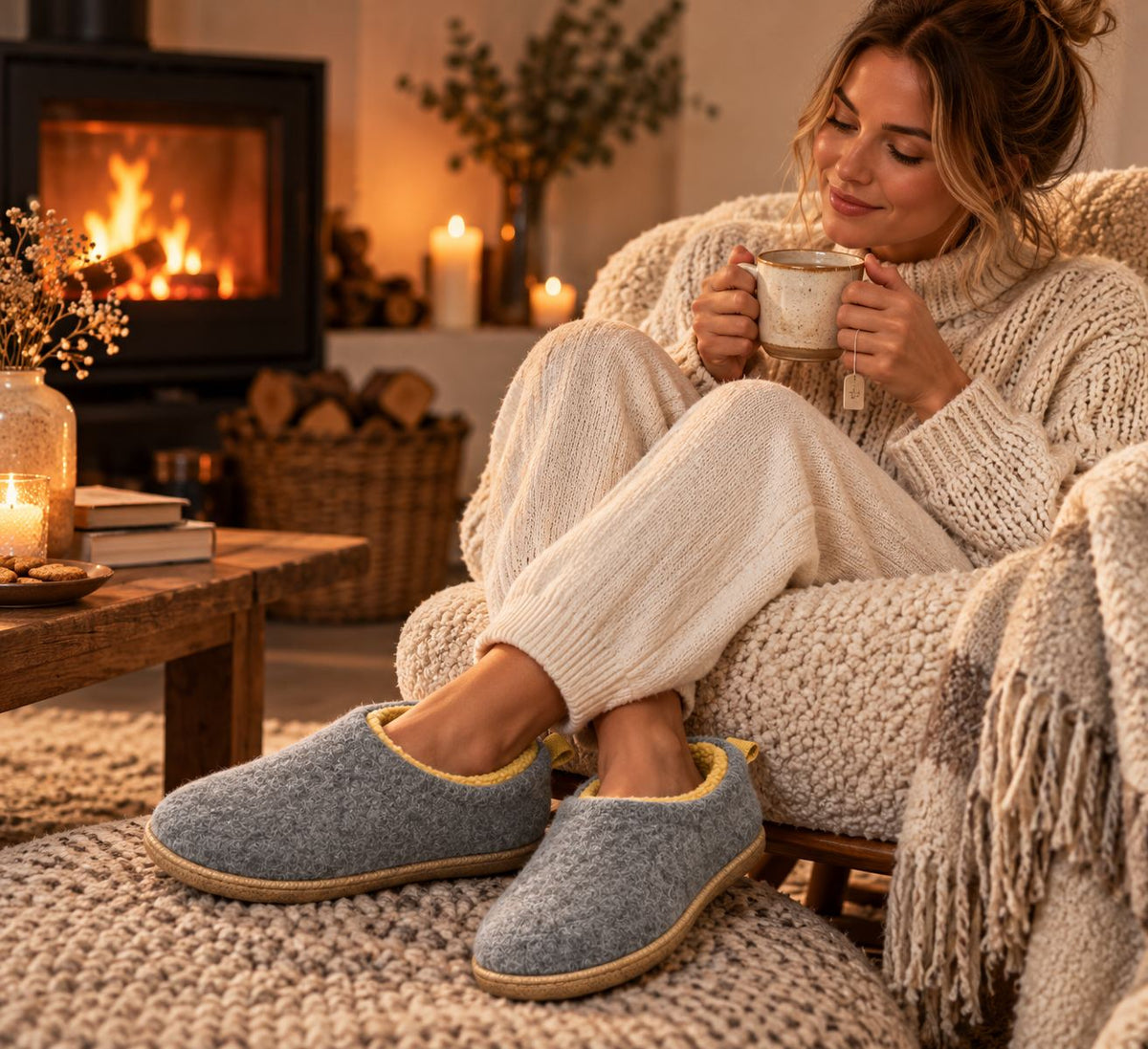 Gray fleece lined slippers by a fireplace