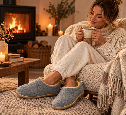 Gray fleece lined slippers by a fireplace