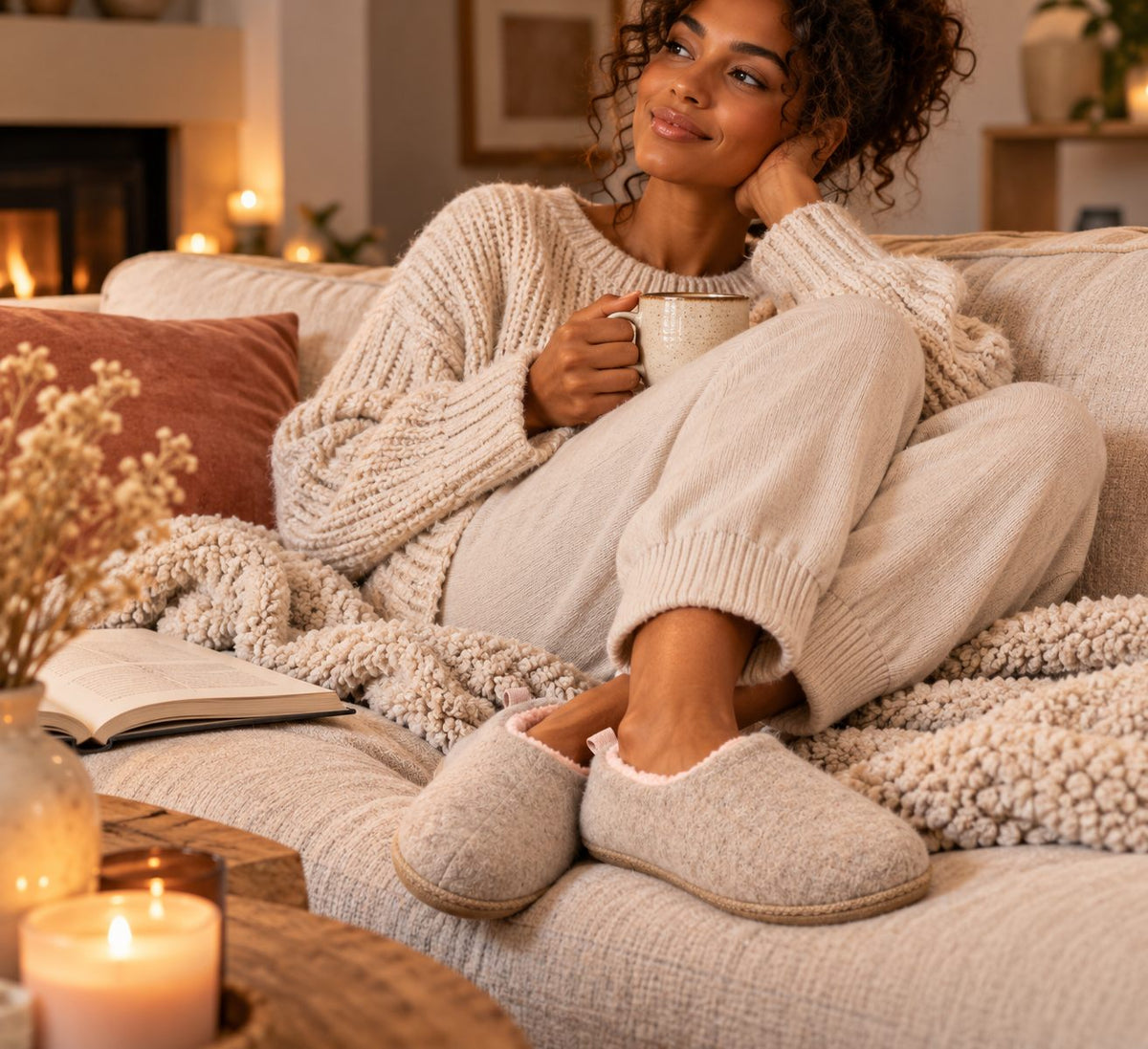 Beige fleece lined slippers in a cozy living room