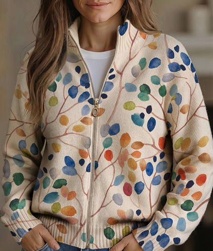 Women's Botanical Print Zip-Up Cardigan — Ribbed Knit Mock Neck 1