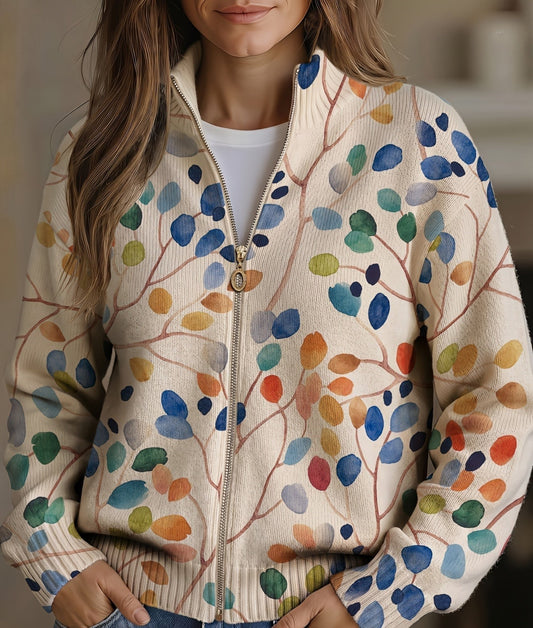 Women's Botanical Print Zip-Up Cardigan — Ribbed Knit Mock Neck 1