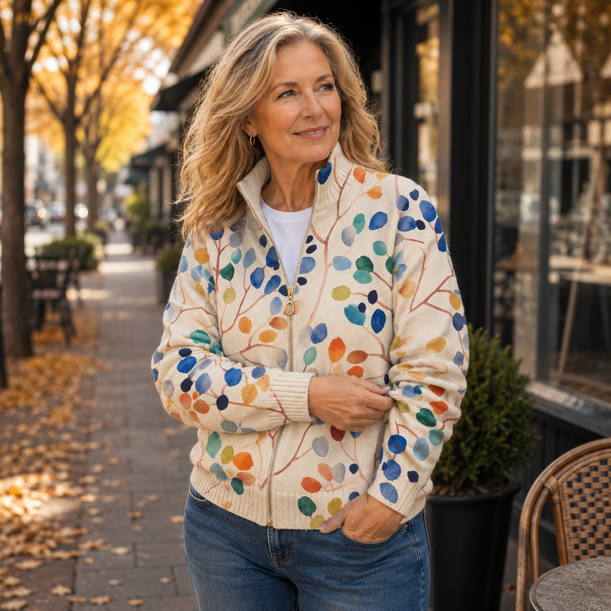 Women's Botanical Print Zip-Up Cardigan — Ribbed Knit Mock Neck 2