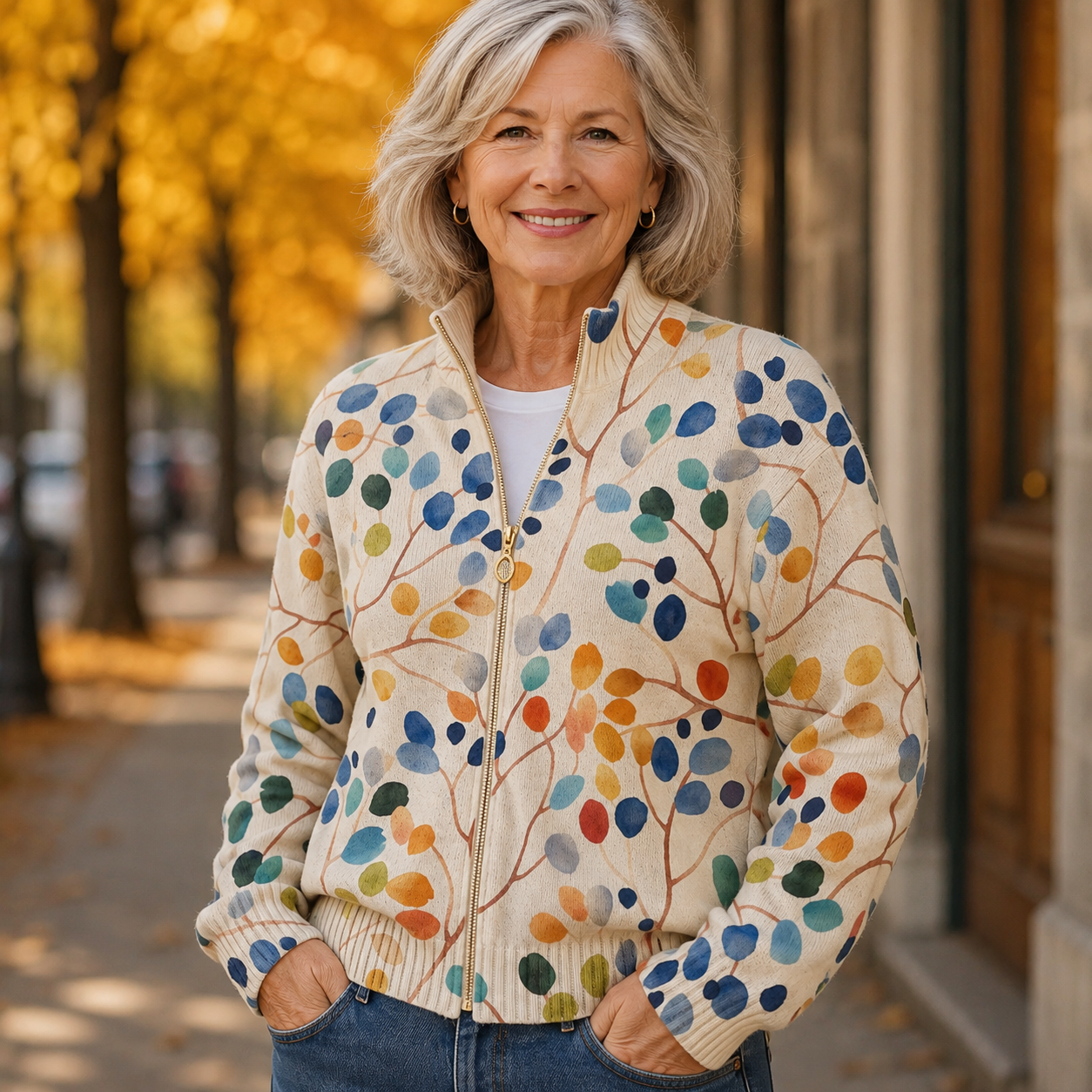 Women's Botanical Print Zip-Up Cardigan — Ribbed Knit Mock Neck 3