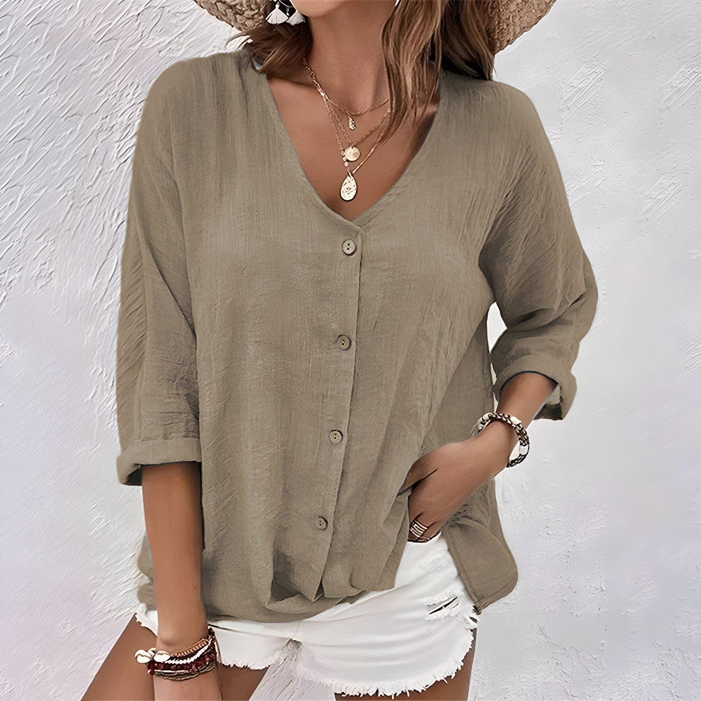 Marcia™ Relaxed Button-Up Blouse with V-Neck & Roll Sleeves 7