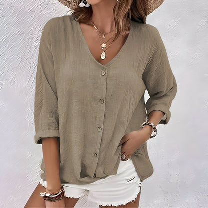 Marcia™ Relaxed Button-Up Blouse with V-Neck & Roll Sleeves 7