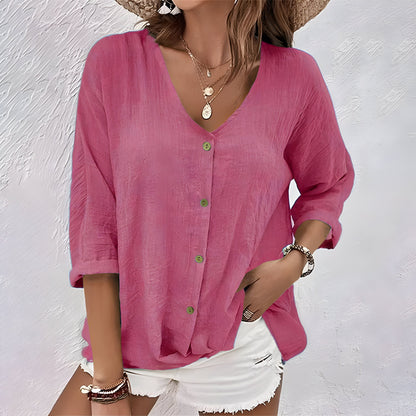 Marcia™ Relaxed Button-Up Blouse with V-Neck & Roll Sleeves 5