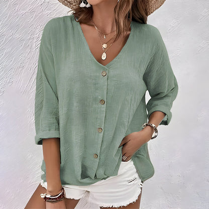 Marcia™ Relaxed Button-Up Blouse with V-Neck & Roll Sleeves 1