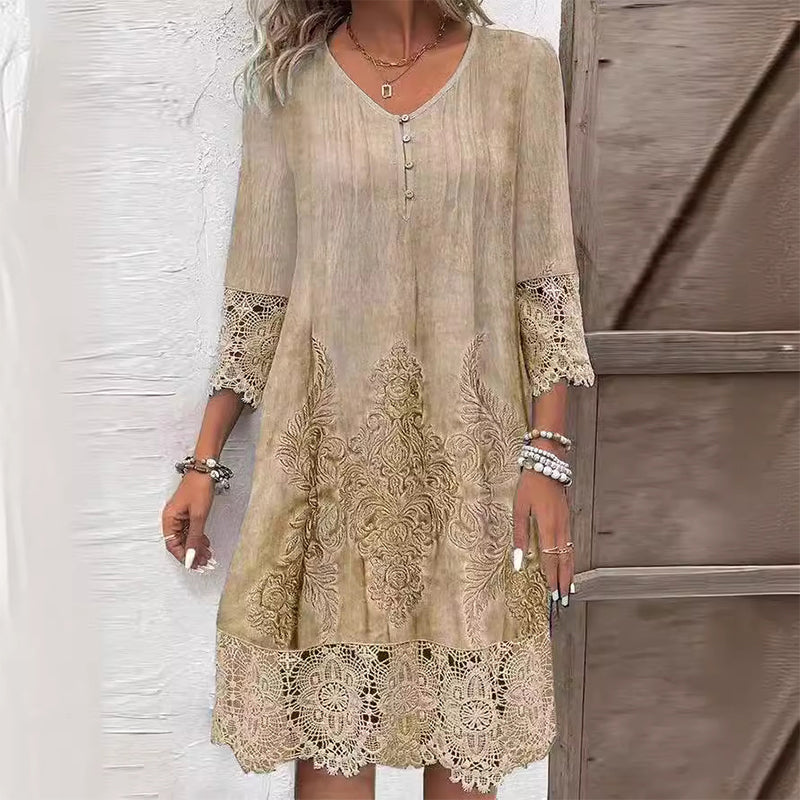 V-Neck Embroidered Midi Dress with Lace Trim & 3/4 Sleeves 3