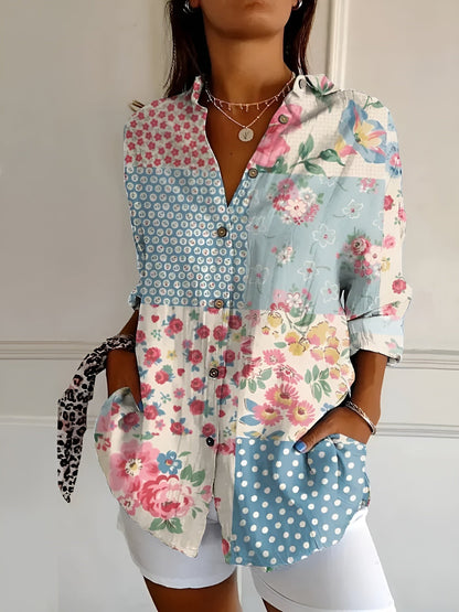 Abstract Print Split-Neck Blouse - Button-Front Long Sleeve 5