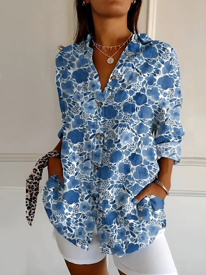 Abstract Print Split-Neck Blouse - Button-Front Long Sleeve 1