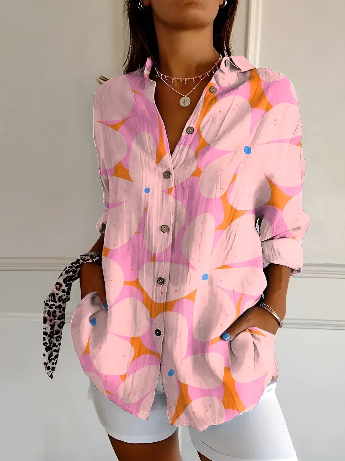 Abstract Print Split-Neck Blouse - Button-Front Long Sleeve 11