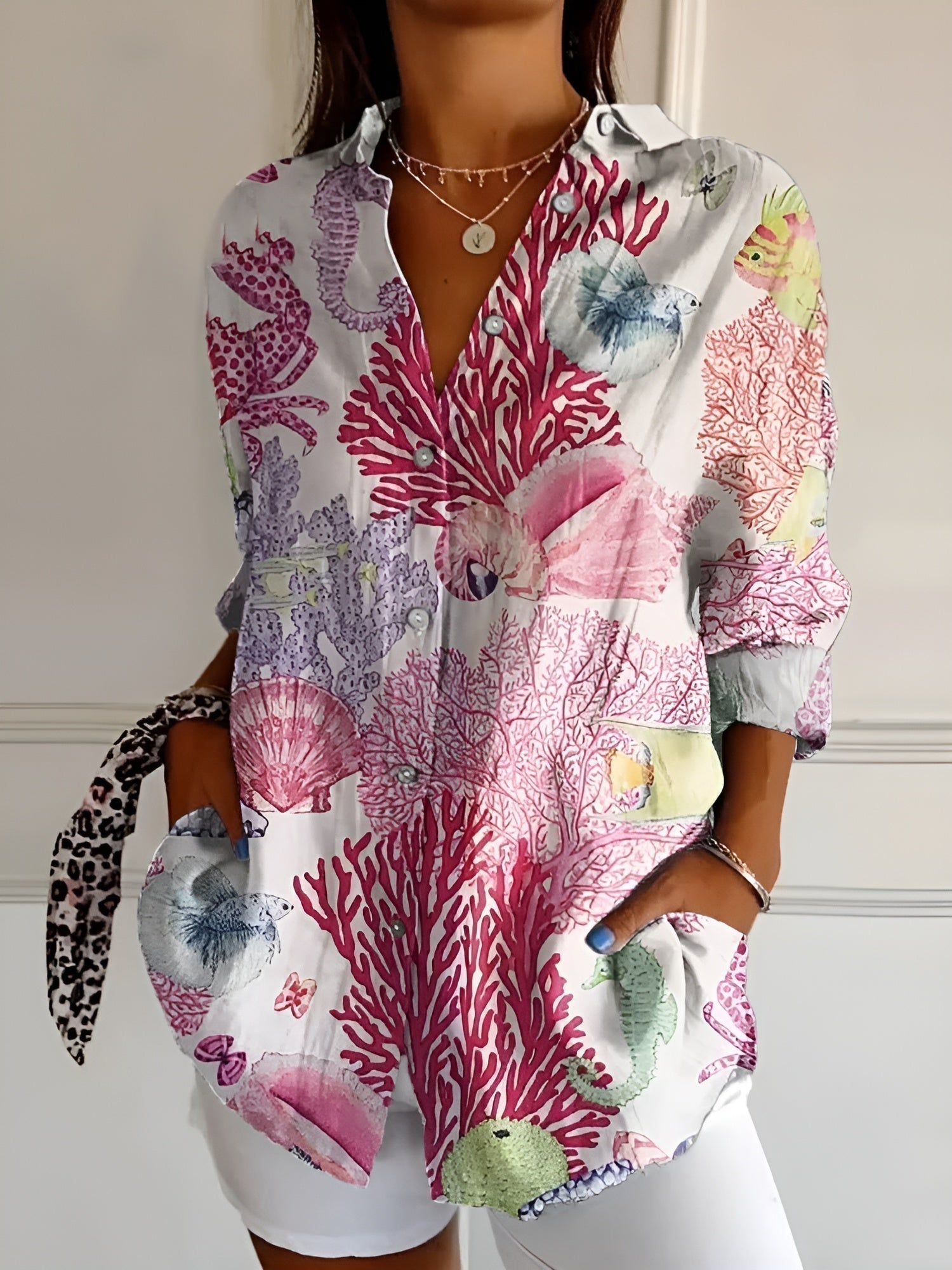 Abstract Print Split-Neck Blouse - Button-Front Long Sleeve 7