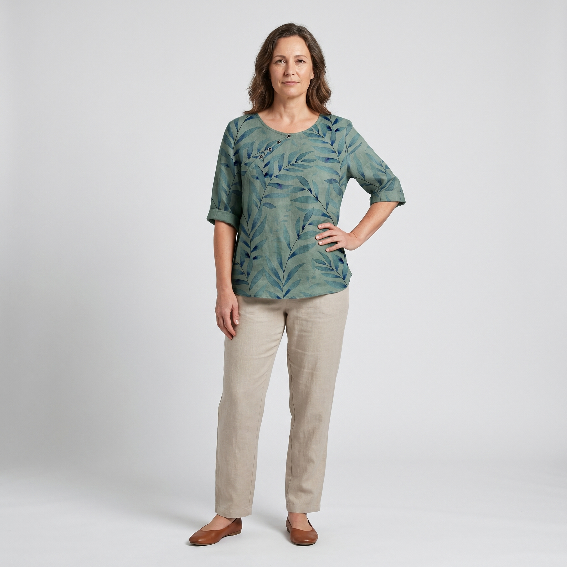 Women's Printed Asymmetric-Button Blouse — Relaxed Fit XS–5XL 2