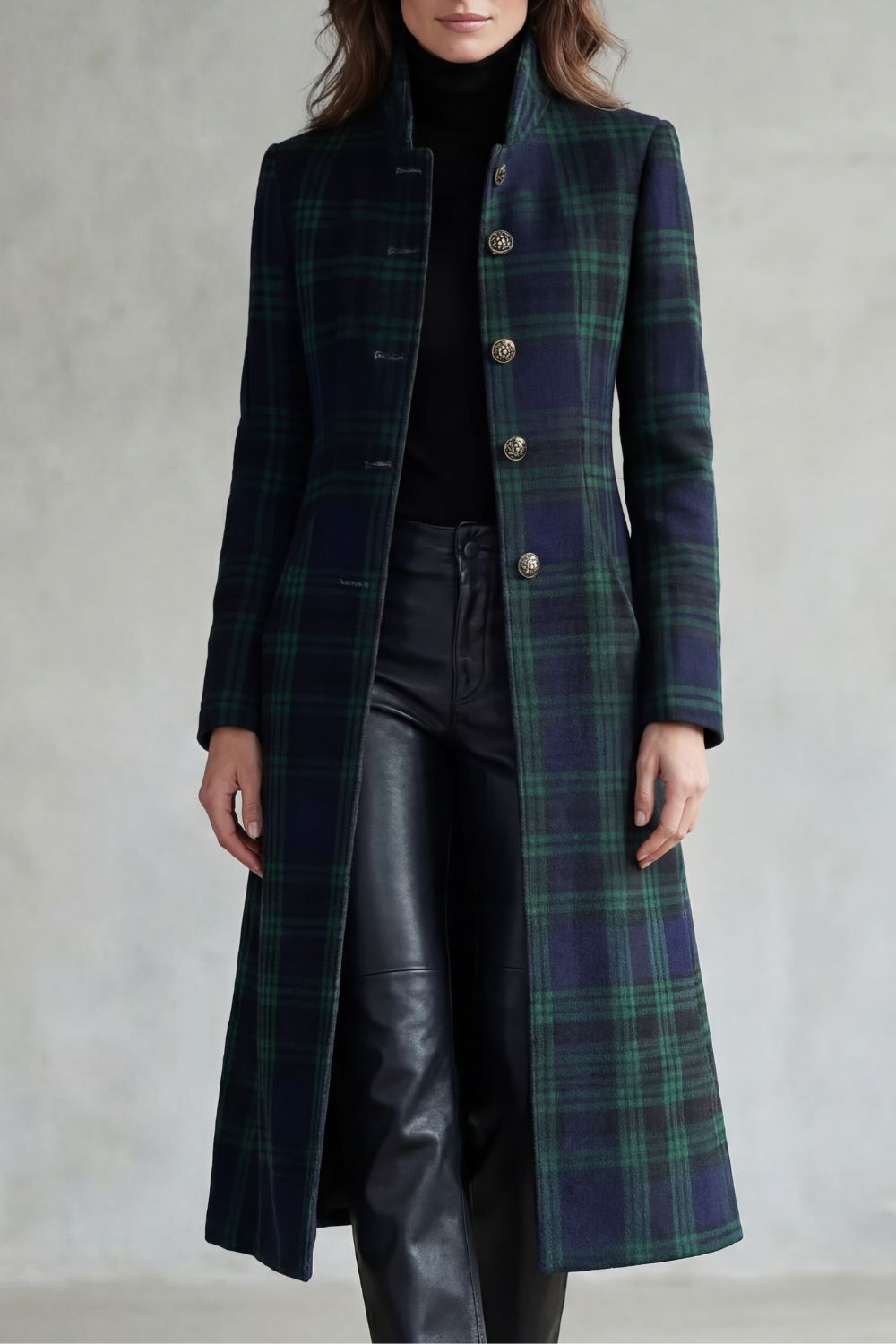Women's Wool Blend Longline Coat in Blackwatch Tartan 1