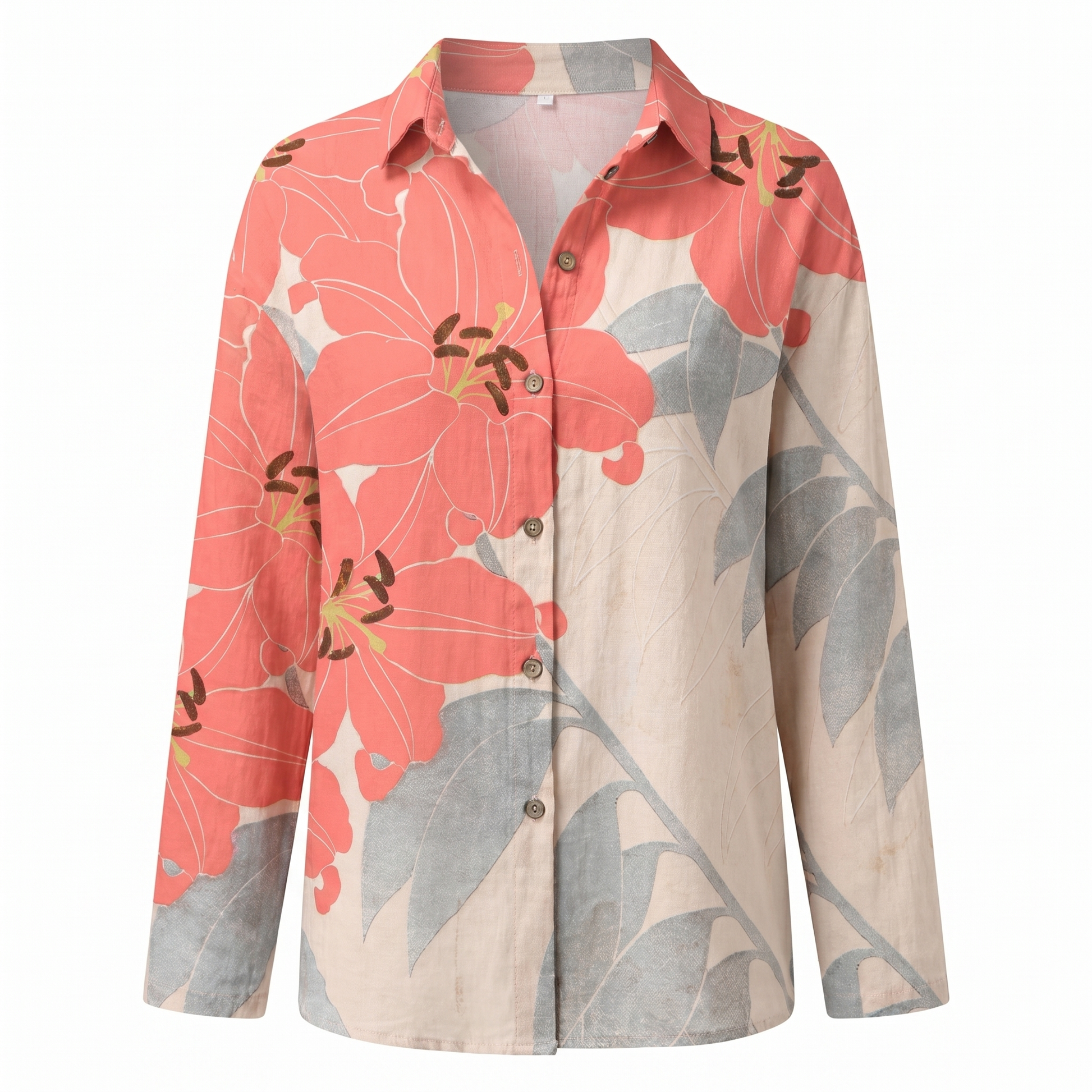 Abstract Print Split-Neck Blouse - Button-Front Long Sleeve 14