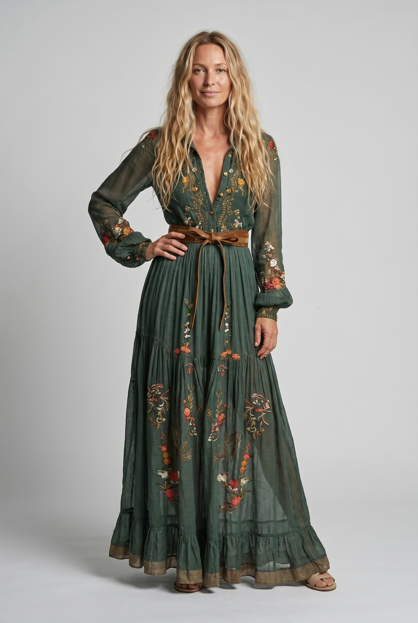 Embroidered Bohemian Maxi Dress - V-Neck Balloon Sleeve Tiered 2