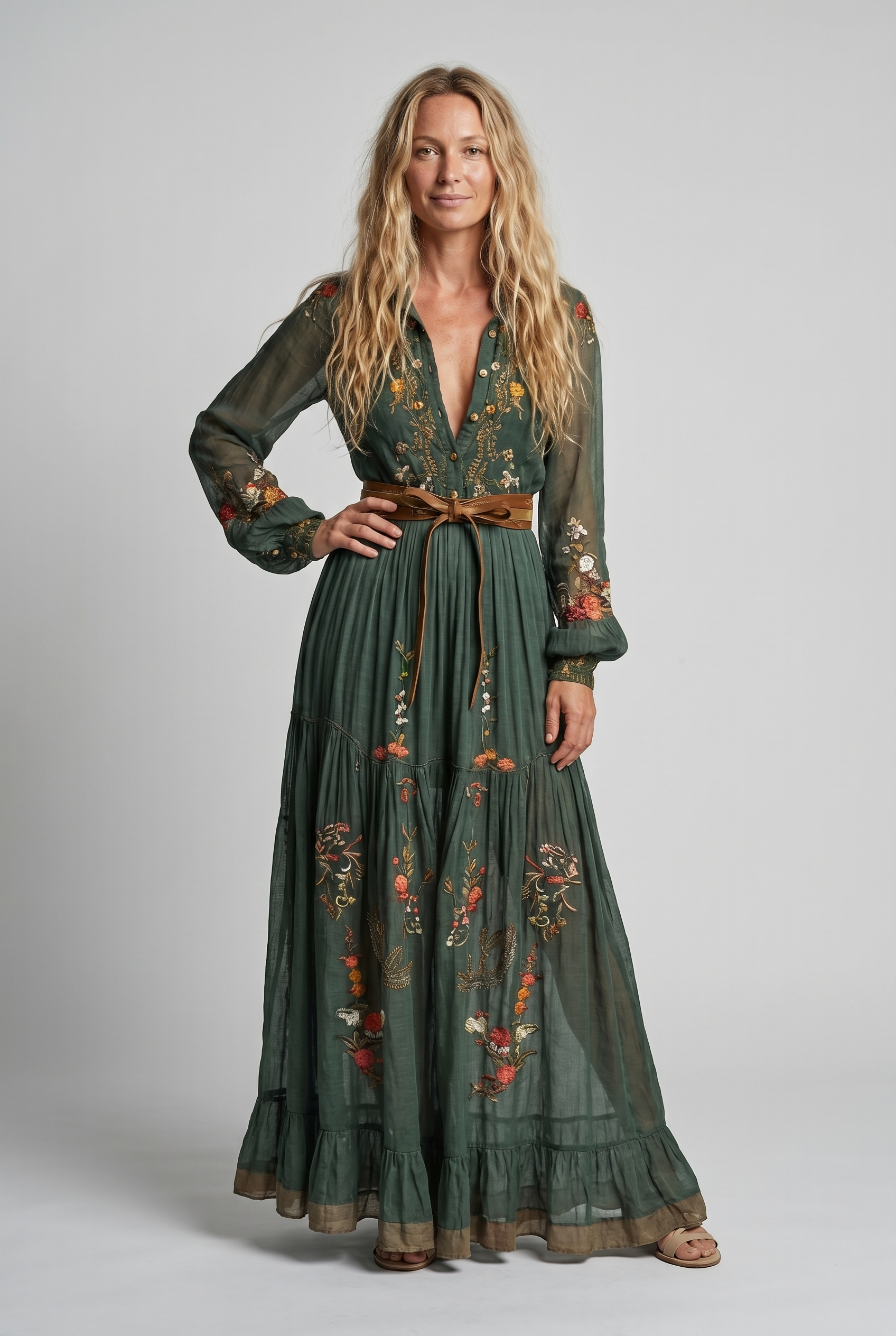 Embroidered Bohemian Maxi Dress - V-Neck Balloon Sleeve Tiered 2