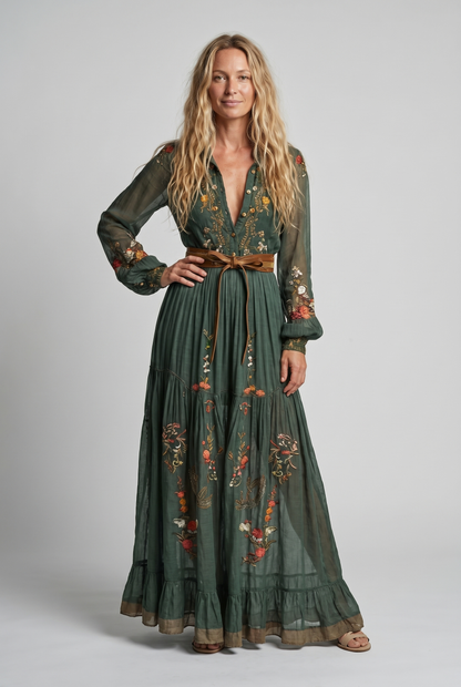 Embroidered Bohemian Maxi Dress - V-Neck Balloon Sleeve Tiered 2