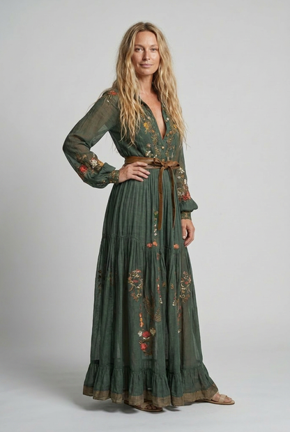 Embroidered Bohemian Maxi Dress - V-Neck Balloon Sleeve Tiered 3