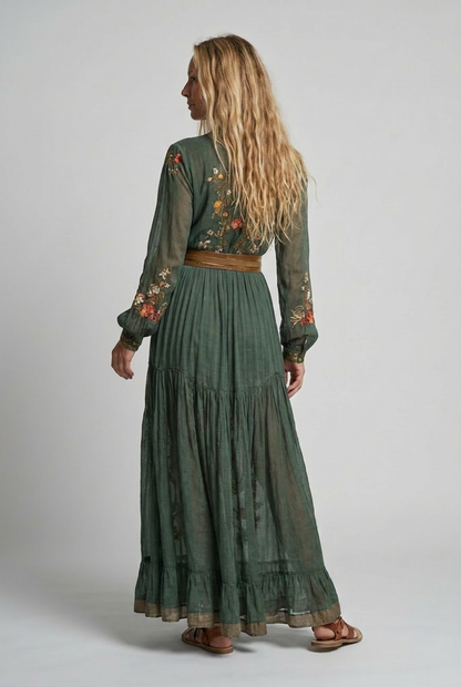 Embroidered Bohemian Maxi Dress - V-Neck Balloon Sleeve Tiered 4