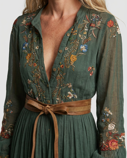 Embroidered Bohemian Maxi Dress - V-Neck Balloon Sleeve Tiered 5