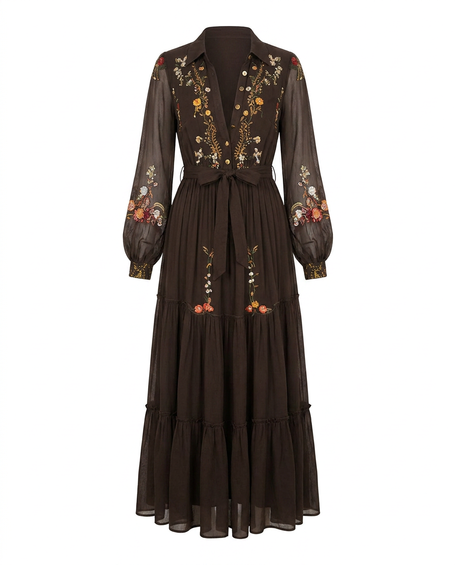 Embroidered Bohemian Maxi Dress - V-Neck Balloon Sleeve Tiered 7
