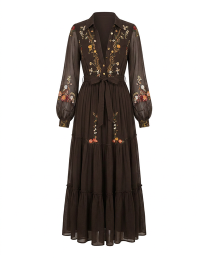 Embroidered Bohemian Maxi Dress - V-Neck Balloon Sleeve Tiered 7
