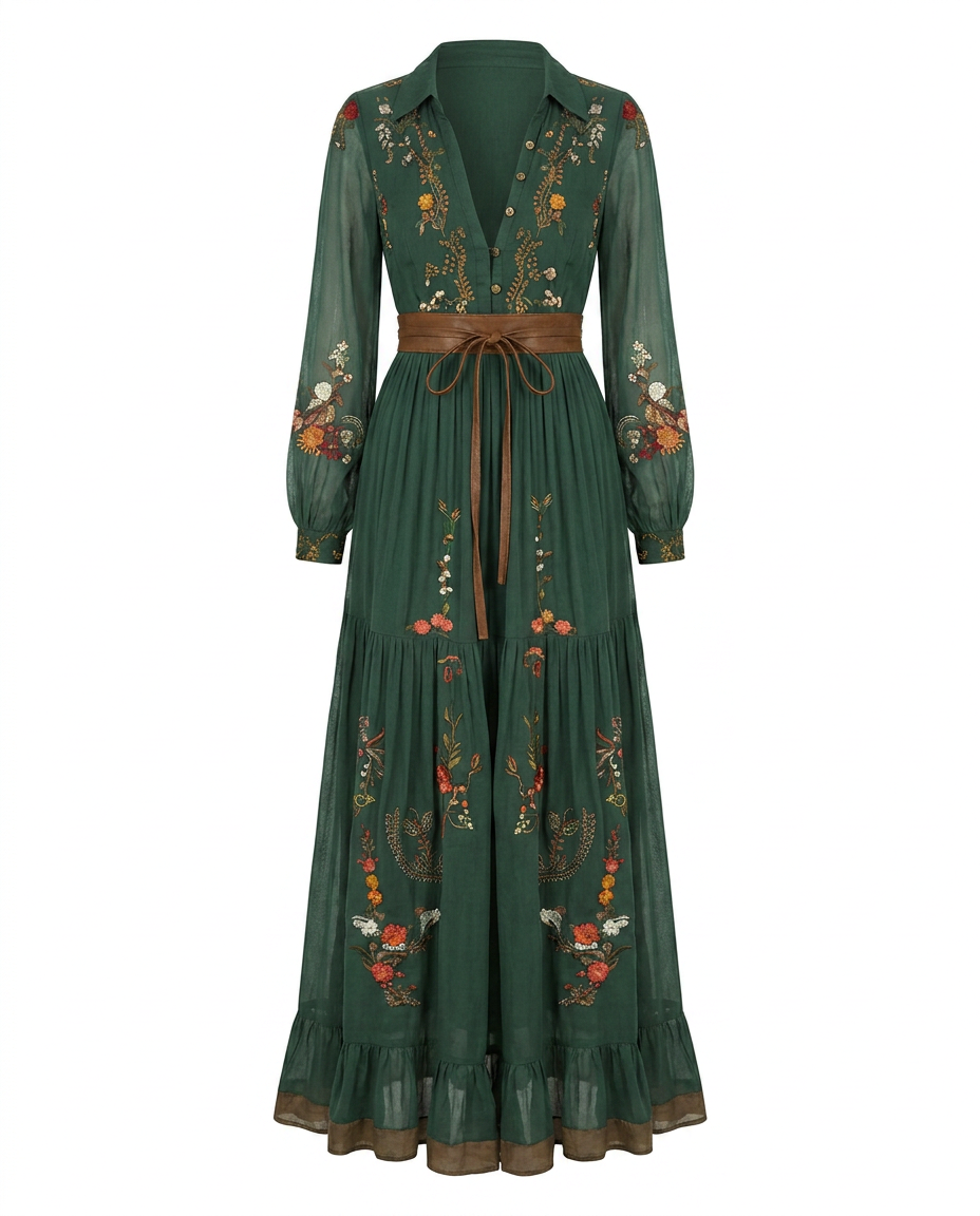 Embroidered Bohemian Maxi Dress - V-Neck Balloon Sleeve Tiered 6