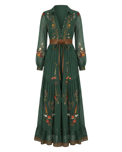 Embroidered Bohemian Maxi Dress - V-Neck Balloon Sleeve Tiered 6