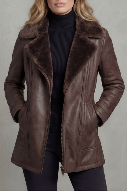 Women's Leather Jacket with Shearling-Lined Collar 1
