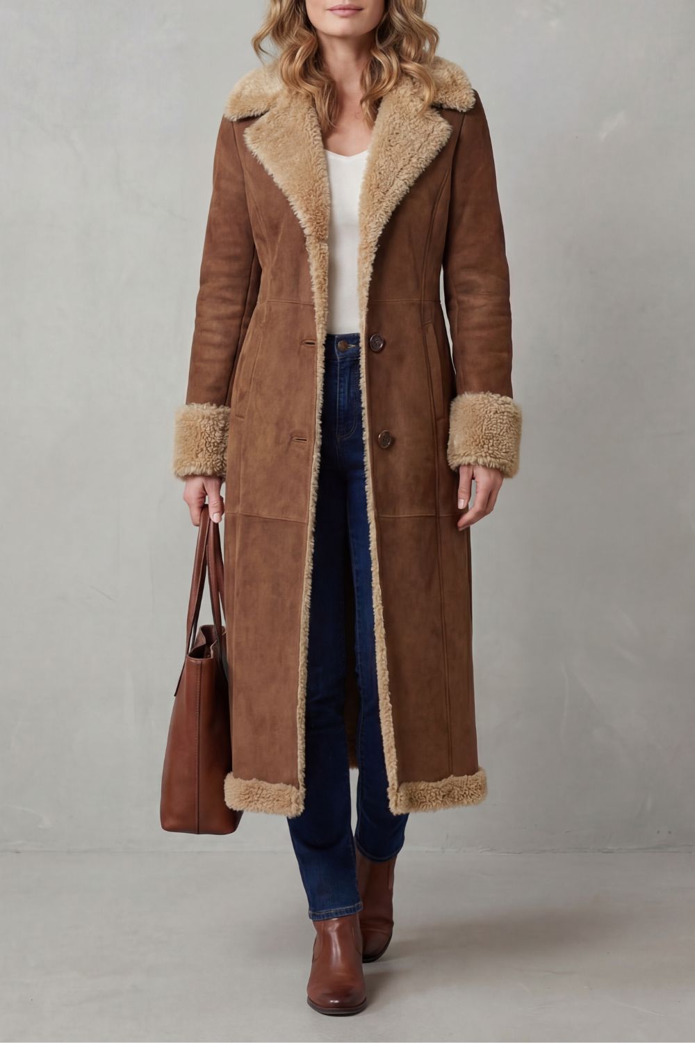 Long Shearling Lined Winter Coat for Women in Brown 1