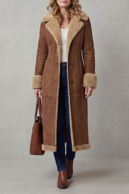 Long Shearling Lined Winter Coat for Women in Brown 1