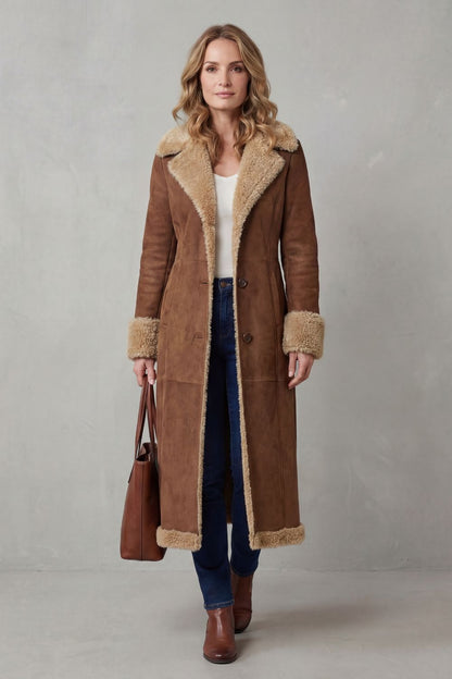 Long Shearling Lined Winter Coat for Women in Brown 2