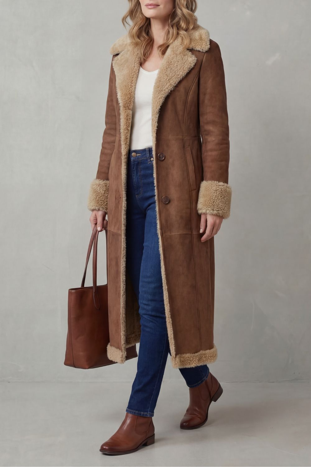 Long Shearling Lined Winter Coat for Women in Brown 3