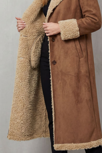 Long Shearling Lined Winter Coat for Women in Brown 5