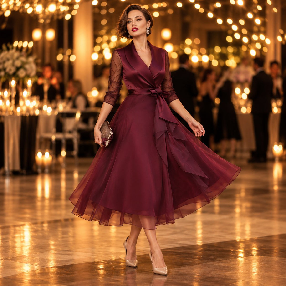 Cocktail Dress in Burgundy with Mesh Sleeves & Belt 2