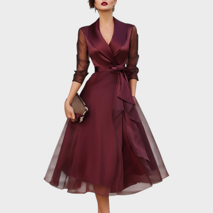 Cocktail Dress in Burgundy with Mesh Sleeves & Belt 3