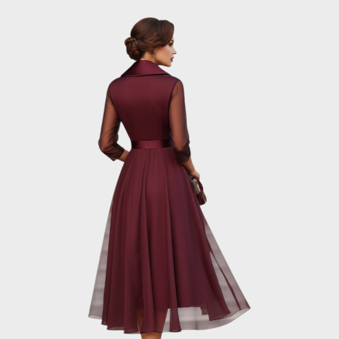 Cocktail Dress in Burgundy with Mesh Sleeves & Belt 4