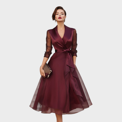 Cocktail Dress in Burgundy with Mesh Sleeves & Belt 5
