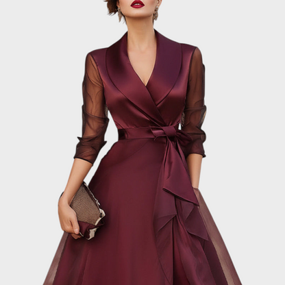 Cocktail Dress in Burgundy with Mesh Sleeves & Belt 6