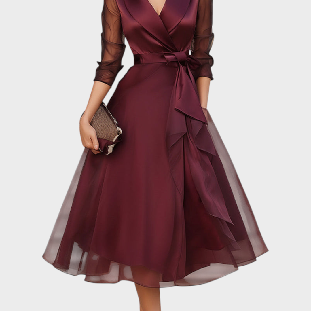 Cocktail Dress in Burgundy with Mesh Sleeves & Belt 7