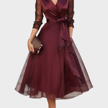 Cocktail Dress in Burgundy with Mesh Sleeves & Belt 7