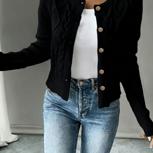 Women's Cable-Knit Button-Front Cropped Cardigan — Fitted Knit 1