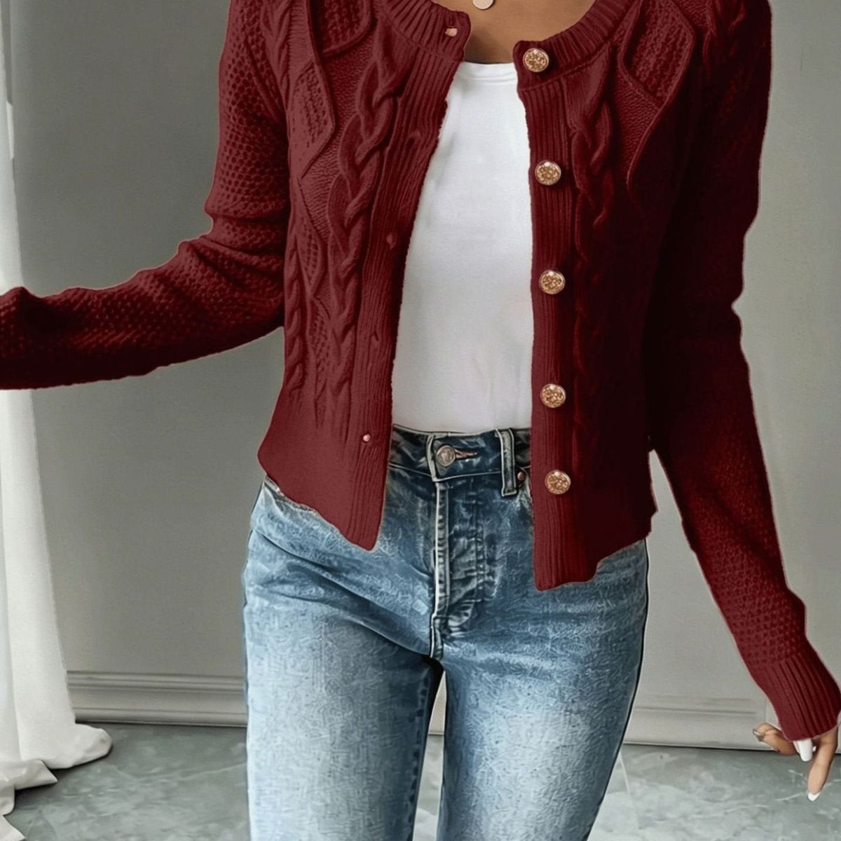 Women's Cable-Knit Button-Front Cropped Cardigan — Fitted Knit 6