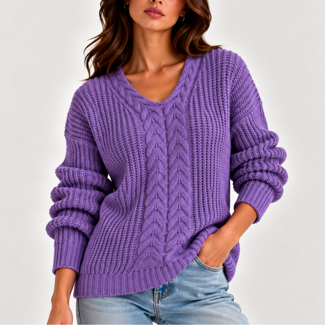 Women's Cable Knit V-Neck Sweater Relaxed Fit Long Sleeve 1